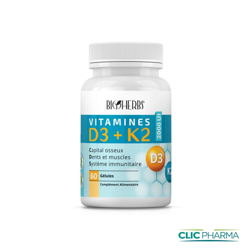 BIOHERBS VITAMINES D3+K2 2000UI 60 GELULES 500