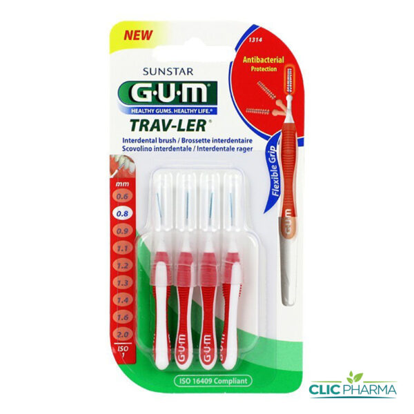 GUM BROSSETTES INTERMEDIAIRES TRAVELER CYLINDRIQUE 0.8MM (REF: 1314) (4 PIECES)