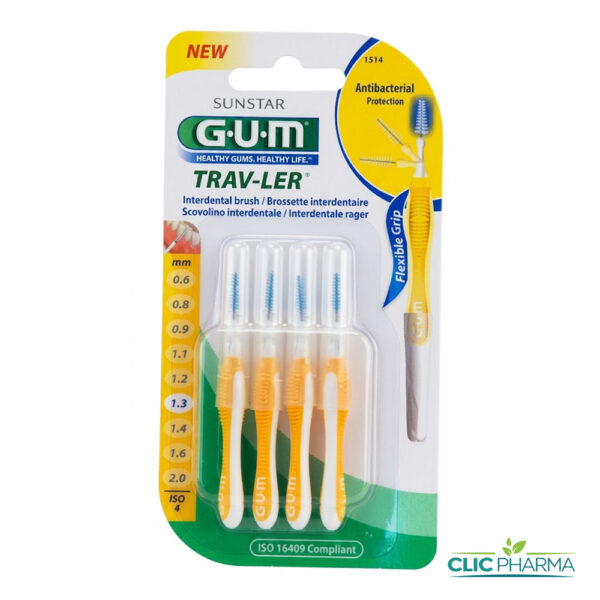 GUM BROSSETTES INTERMEDIAIRES TRAVELER EXTRA FINE CONIQUE 1.3MM (REF: 1514) (4 PIECES)