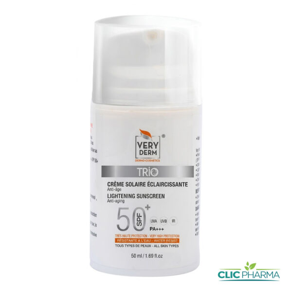 VERYDERM TRIO CREME SOLAIRE ECLAIRCISSANTE ANTI-TACHES ANTI-AGE SPF50+ 50ML
