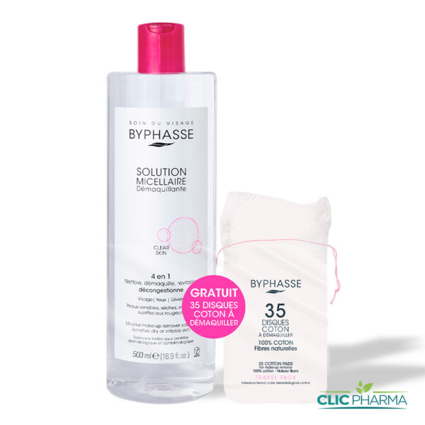 BYPHASSE SOLUTION MICELLAIRE DEMAQUILLANTE 4EN1 500ML+35 DISQUES COTON GRATUITS