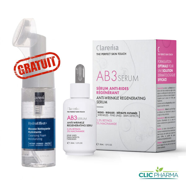 CLARENIA PACK (SERUM AB3 ANTI-RIDES REGENERANT 30ML + MOUSSE HYDRATANTE 150ML GRATUITE)
