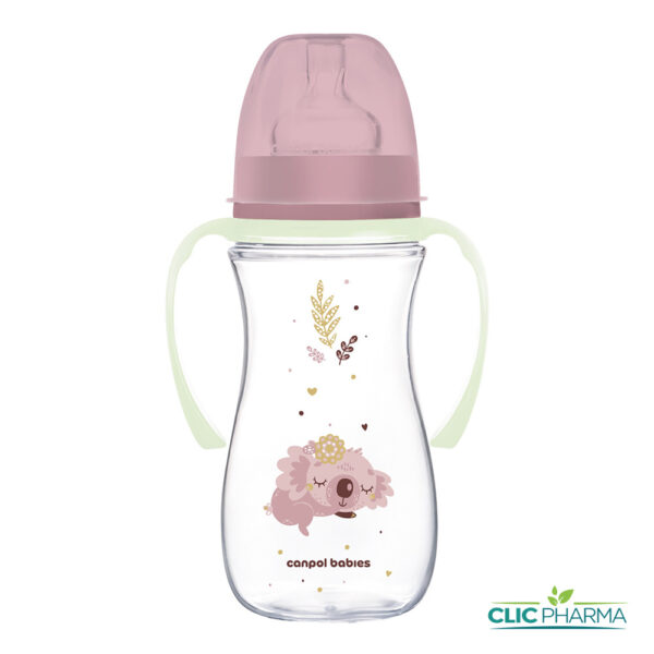 CANPOL BABIES BIBERON ANTICOLIQUE COL LARGE AVEC ANSES 300ML ROSE (REF: 35/238)