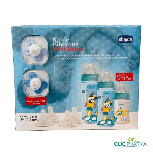 CHICCO COFFRET BIBERON WELL BEING BLEU 7 ARTICLES