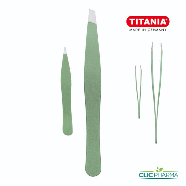 TITANIA SET DE 2 PINCES A EPILER INOX VERT 9.5CM+5CM (REF: 1072/GR B)