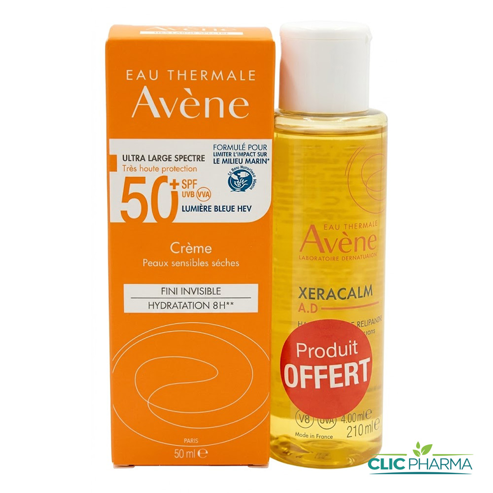 AVENE DUO ECRAN CREME SPF50+ 50ML+ XERACALM A.D HUILE LAVANTE 100ML OFFERT
