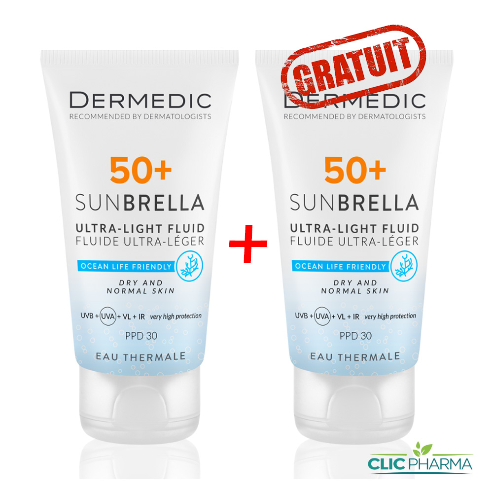 DERMEDIC ECRAN SUNBRELLA ULTRA LIGHT FLUID SPF50+ PEAU SECHE +2EME GRATUITE
