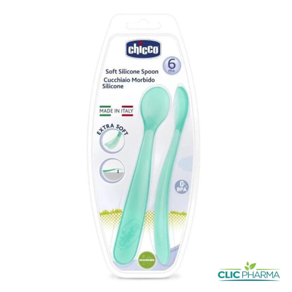 CHICCO 2 CUILLERES EN SILICONE SOFTLY SPOON VERT BLUE 6M+