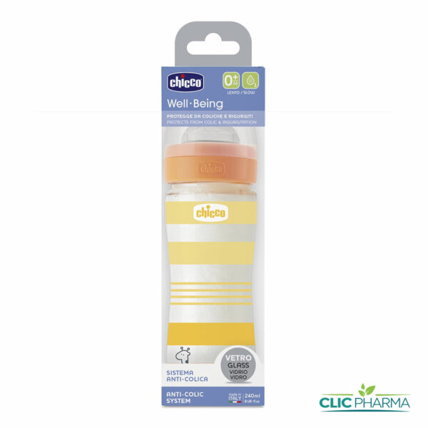 CHICCO BIBERON WELL-BEING EN VERRE FLUX LENT 240ML JAUNE ORANGE