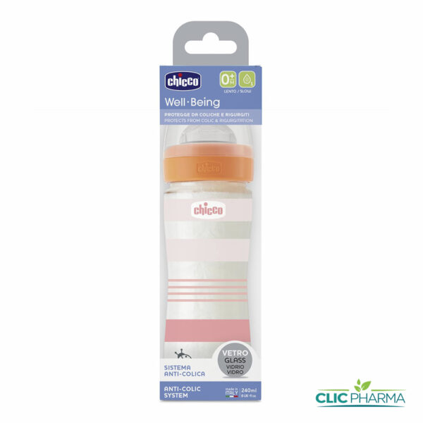 CHICCO BIBERON WELL-BEING EN VERRE FLUX LENT 240ML ROSE
