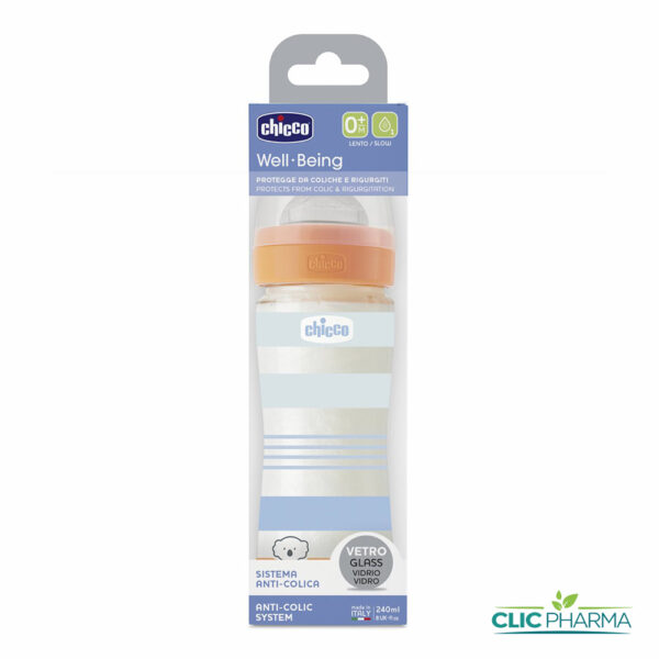 CHICCO BIBERON WELL-BEING EN VERRE FLUX LENT 240ML BLEU