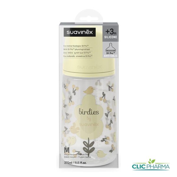 SUAVINEX BIBIBERON BIRDIES AVEC TETINE SX PRO +3MOIS 270ML (M) BEIGE