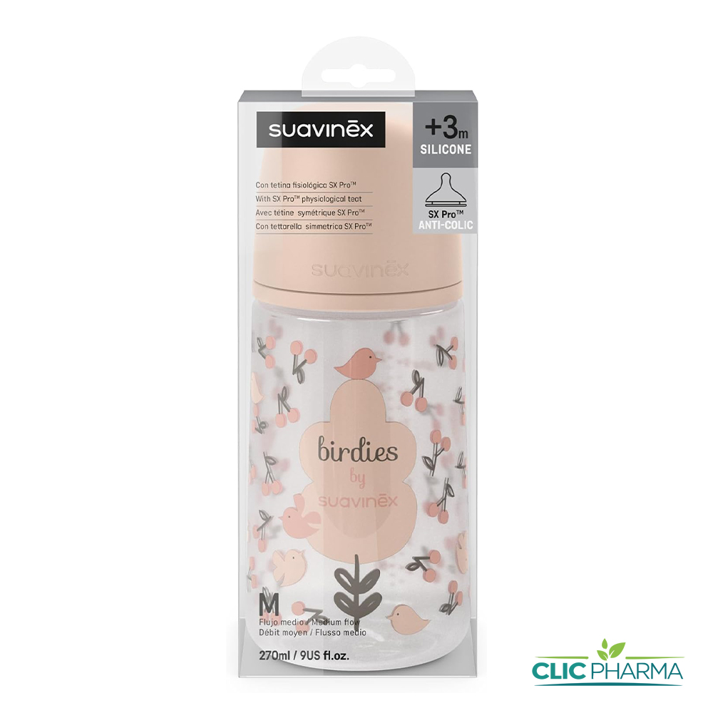 SUAVINEX BIB BIRDIES AVEC TETINE SX PRO 3MOIS+ 270ML M ROSE