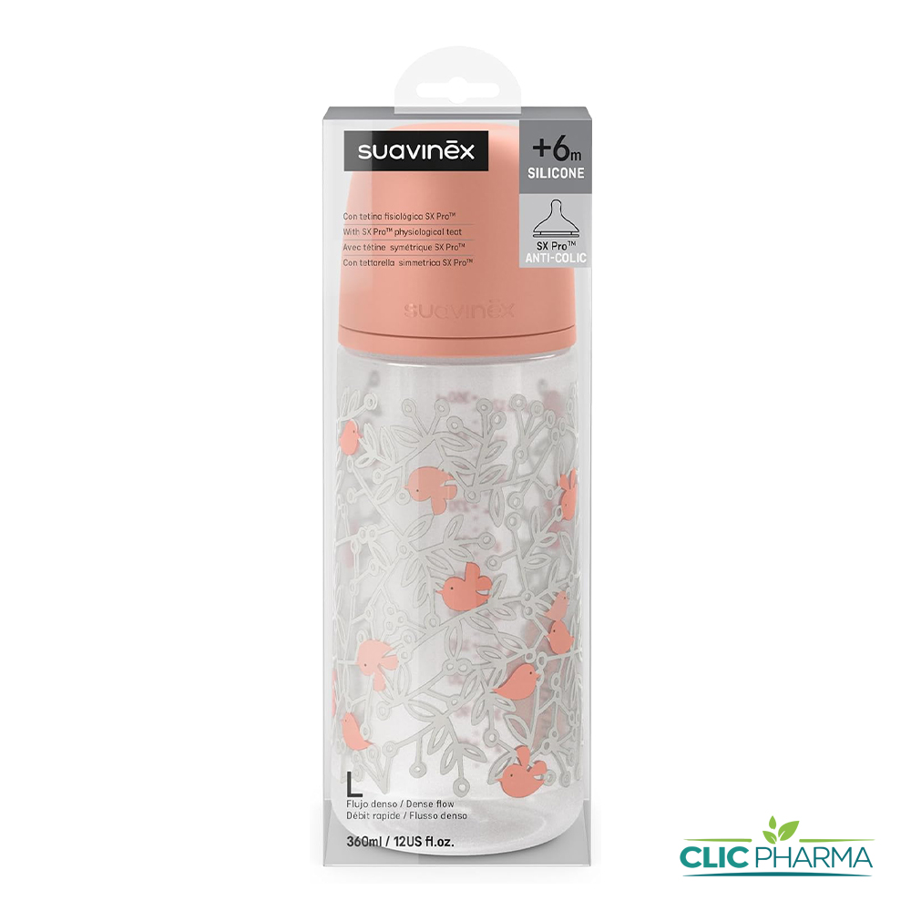 SUAVINEX BIB BIRDIES AVEC TETINE SX PRO 6MOIS+ 360ML L ROSE