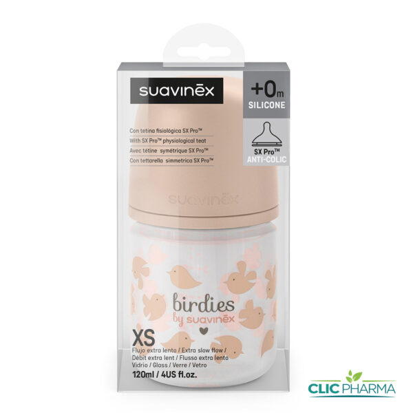 SUAVINEX BIBERON VERRE BIRDIES AVEC TETINE SX PRO +0MOIS 120ML (XS) ROSE