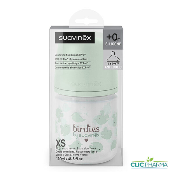 SUAVINEX BIBERON VERRE BIRDIES AVEC TETINE SX PRO +0MOIS 120ML (XS) VERT